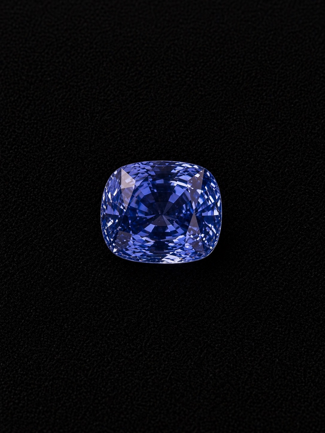 Faceted cornflower blue Ceylon sapphire on black velvet