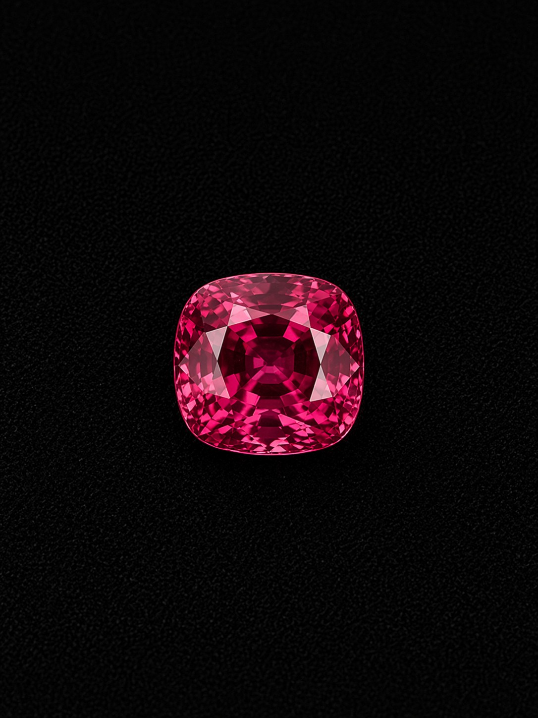 Cushion-cut pinkish red Mahenge spinel on black velvet