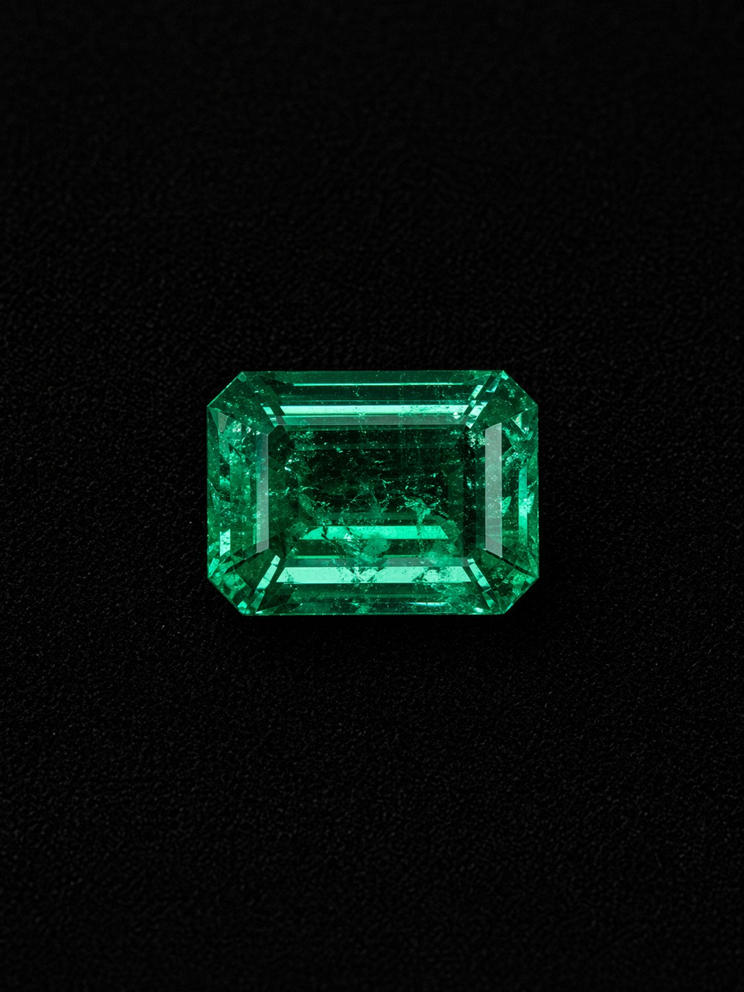 Emerald-cut Muzo green emerald with visible jardin on black velvet